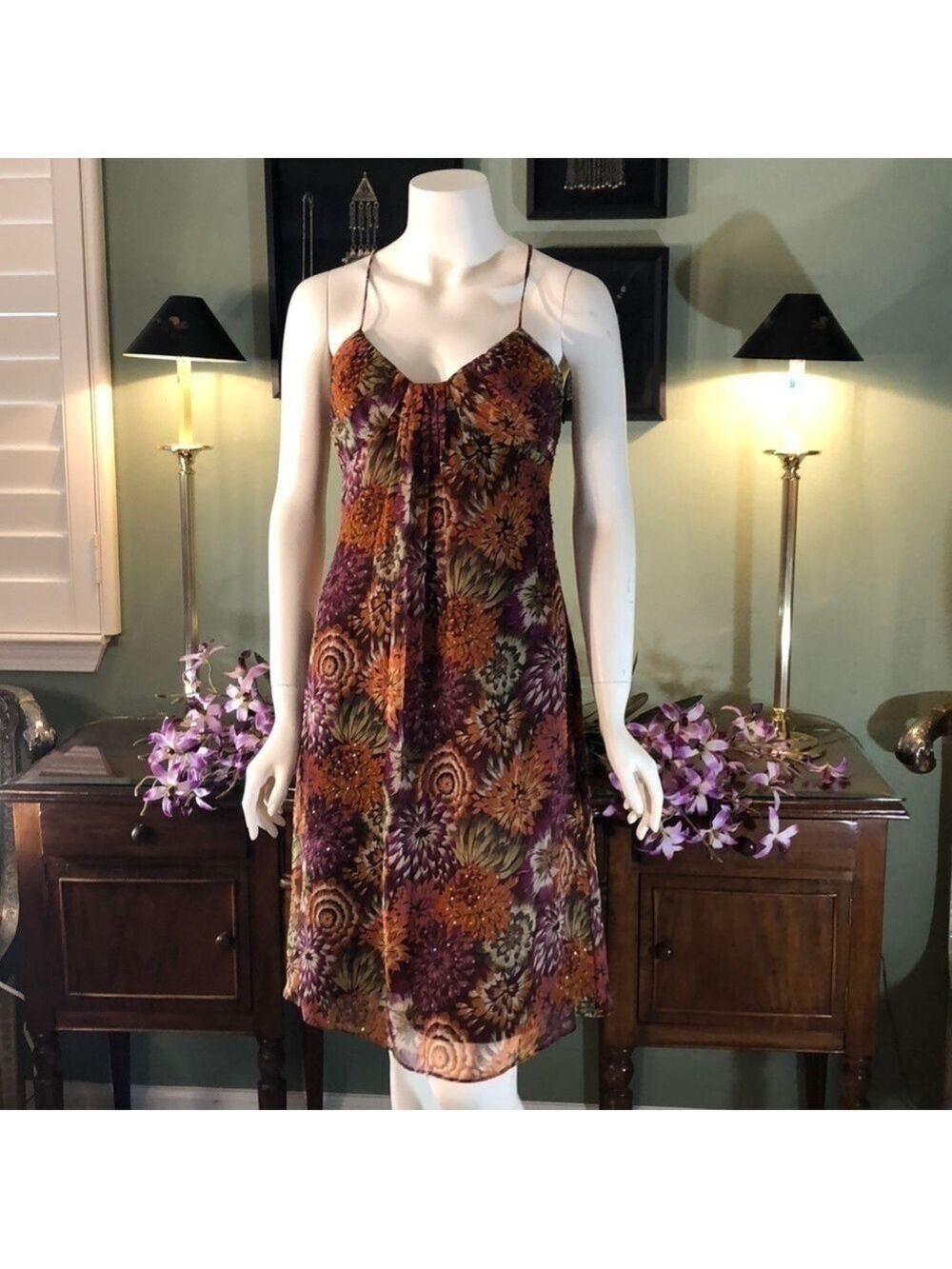New - Vintage Laundry By Shelli Segal Silk, Sequin & Beads Swing Midi Dress SZ 2